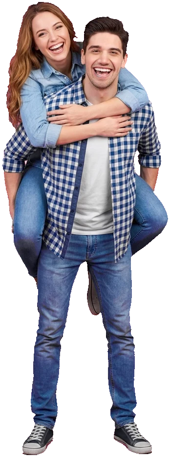 A laughing couple, one riding piggyback on the other